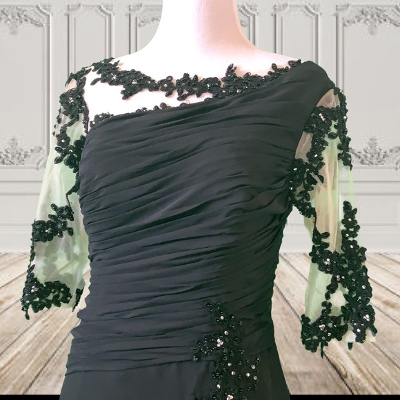 NWTs Adas Bridal Black 3/4 Sleeve Long Beaded Gown - Picture 4 of 9